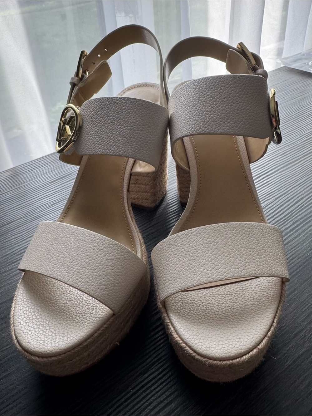 Michael Kors Beige Leather Strappy Wedge Sandals Logo Accent Women's US 8